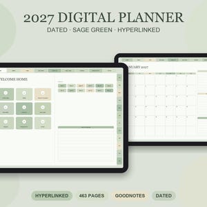 Peut inclure: Un agenda numérique 2027 affiché sur deux écrans de tablette. L'interface présente un thème de couleur vert sauge avec des onglets hyperliés, un tableau de bord d'accueil avec des icônes carrées et un calendrier mensuel de janvier 2027.