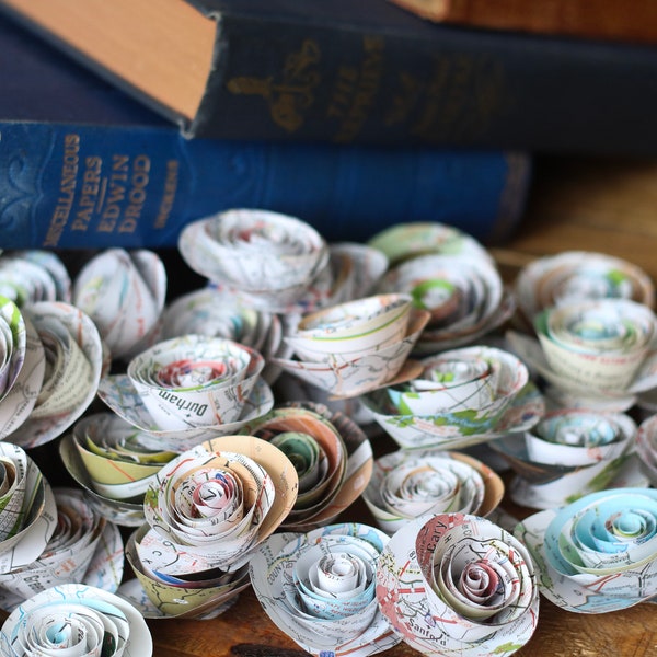 Map paper roses, book, globe, travel, atlas, decor, adventure gift, wedding, centerpiece, birthday, baby, favors, party - MEDIUM