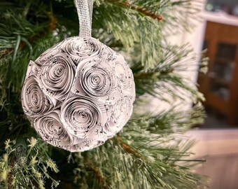 Sheet music rose book ornament, paper ball, Christmas tree, handmade, holiday gift, hymnal, choir, orchestra, band, music note, gift, 3-inch