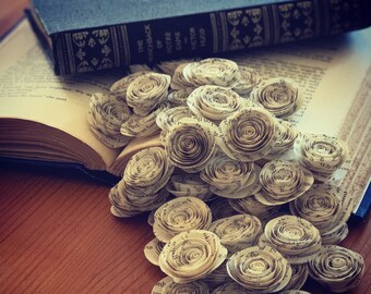 Book page roses, hand rolled, literature, decor, wedding, literary gift, present, flowers, party, baby, birthday, centerpiece, favors- SMALL