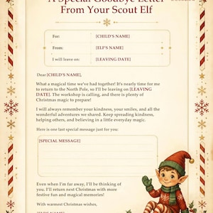May include: A cream-colored letter template titled A Special Goodbye Letter From Your Scout Elf, featuring red and white candy cane borders, holly accents, and a stamp. An illustration of a smiling elf in a red outfit sits at the bottom.