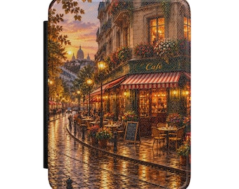 Funda para Kindle con diseño de una calle de cafés lluviosos en París