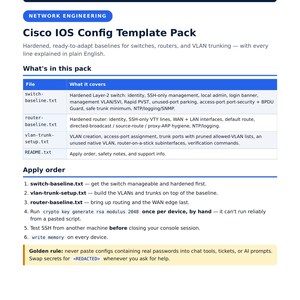 May include: A digital document titled Von Taylor Labs Cisco IOS Config Template Pack. It lists files including switch-baseline.txt, router-baseline.txt, vlan-trunk-setup.txt, and README.txt, detailing network engineering configurations and an apply order.