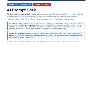 Könnte beinhalten: Ein digitales Dokument mit dem Titel Von Taylor Labs AI Prompt Pack für Netzwerktechnik und Cybersicherheit. Es enthält 50 Copy-Paste-Prompts für Konfigurationsüberprüfungen, Subnetzplanung, Fehlerbehebung, Protokollanalyse und Vorfall-Dokumentation.