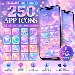 May include: A digital product set featuring 250 glowing night light app icons in pastel colors. The display shows two smartphones with customized home screens, widgets, and icons. Text includes 250 APP ICONS, 5 BEAUTIFUL COLOR THEMES, and WORKS ON IPHONE & ANDROID.