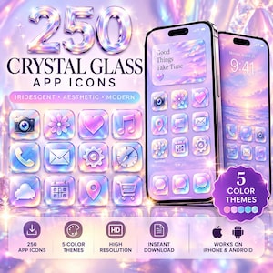 May include: A digital collection of 250 crystal glass app icons featuring iridescent, pastel-toned designs. The set includes five color themes, high-resolution graphics, and compatibility with iPhone and Android devices, displayed on two smartphones.