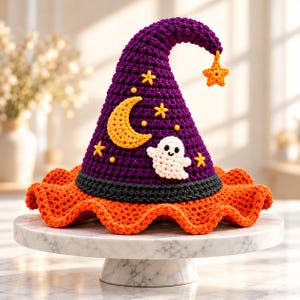 Crochet Witch Hat Pattern, Purple Moon Ghost Halloween Decor (PDF)