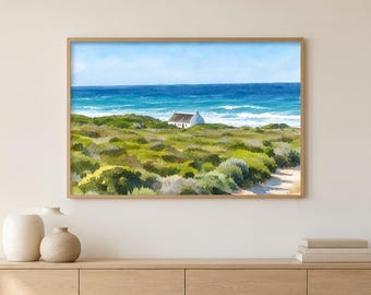 Aquarell-Kunstdruck „Ferienhaus am Meer“, Südafrikanische Küstenlandschaft, Türkisfarbenes Meer, Strandhaus-Dekoration, Digitaler Download