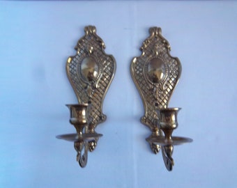 Vintage 2 Brass Wall Candlesticks with Medallion