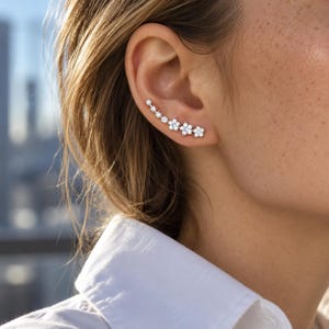 Floral Ear Climber Earring, Silver Tone Crystal Look Flower Ear Crawler, Sparkly Bridal Jewelry, Romantic Gift for Her