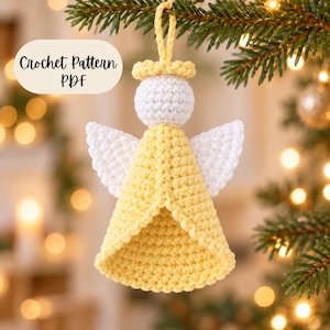 May include: A crochet angel ornament featuring a white spherical head, a yellow halo, and a yellow cone-shaped body with white wings. The ornament has a yellow loop for hanging. Text on the image reads: Crochet Pattern PDF. The design is handmade.