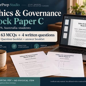 May include: A digital study resource titled Ethics & Governance Mock Paper C for CPA Australia students, featuring a laptop displaying the document, a printed question booklet, an answer booklet, and a ceramic mug on a wooden desk surface.