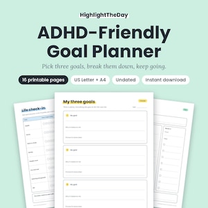 ADHD Goal Planner Printable, 90 Day Plan, Vision Board, Yearly Review Worksheets, Undated PDF