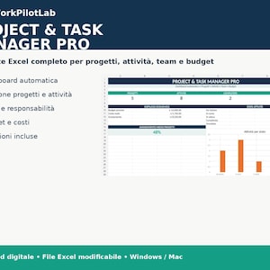 Puede incluir: Una plantilla digital de Excel titulada Project & Task Manager Pro que presenta un panel con métricas de proyectos, estado de tareas, resúmenes de presupuesto y un gráfico de barras. El diseño incluye texto en italiano y detalles en azul.