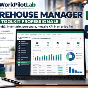 Peut inclure: Un ordinateur portable affichant le tableau de bord du kit d'outils Excel WorkPilotLab Warehouse Manager avec des graphiques de données, des indicateurs d'inventaire et le statut opérationnel pour le suivi des activités et du personnel.