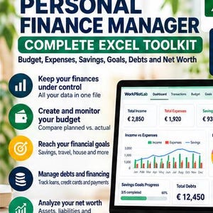 Può includere: Un computer portatile che mostra la dashboard del toolkit Excel WorkPilotLab Personal Finance Manager con grafici e dati finanziari. Lo schermo visualizza entrate, spese, risparmi e monitoraggio dei debiti con il testo Budget, Expenses, Savings, Goals, Debts and Net Worth.