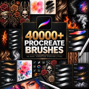 May include: A digital collection of 40000+ Procreate brushes featuring diverse artistic effects including watercolor, fire, smoke, glitter, metallic textures, and skull illustrations, displayed with a stylus and tablet interface.
