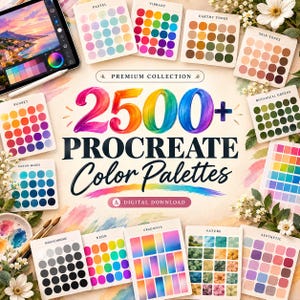 May include: A digital collection of 2500+ Procreate color palettes featuring various swatches labeled Pastel, Vibrant, Earthy Tones, Skin Tones, Sunset, Botanical Greens, Ocean Blues, Monochrome, Neon, Gradients, Nature, and Aesthetic.
