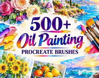 Könnte beinhalten: Eine digitale Sammlung von 500+ Oil Painting Procreate Brushes mit farbenfrohen Beispielen von Blumenarrangements, Küstenlandschaften, Sonnenblumen in einer blauen Vase und einer Schale mit Zitrusfrüchten sowie Pinseln.
