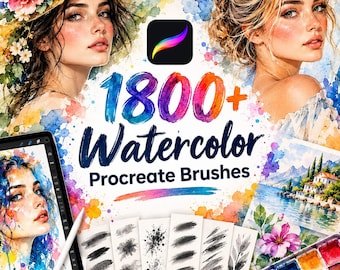May include: A digital art set featuring 1800+ Watercolor Procreate Brushes, displayed with a Procreate logo, a tablet showing a portrait, a watercolor landscape painting, a paint palette, and various black brush stroke samples.