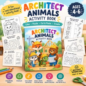 Pode incluir: Livro de atividades Architect Animals com capa colorida mostrando uma raposa, coelho, tartaruga e urso com equipamento de construção. Inclui páginas para colorir, quebra-cabeças, recortar, colar e desenhar. O texto inclui Architect Animals Activity Book, Ages 4-6.
