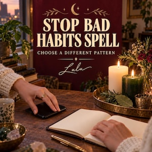 Op de afbeelding: Een donkerrood bord met gouden tekst met de tekst STOP BAD HABITS SPELL, CHOOSE A DIFFERENT PATTERN en Lulu. Het bord staat op een houten tafel met een witte kaars, een groene kaars, een gouden dienblad, een pen en een open notitieboek.