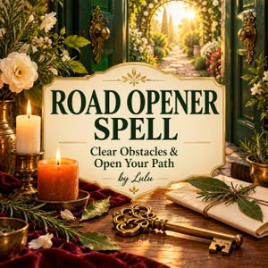 May include: A rectangular sign with the text ROAD OPENER SPELL Clear Obstacles & Open Your Path by Lulu, featuring a brass key, two lit candles, white flowers, and green herbs on a dark red velvet cloth against a garden background.