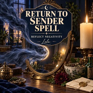 May include: An oval gold-framed mirror with a sign reading RETURN TO SENDER SPELL REFLECT NEGATIVITY Lulu. Swirling blue smoke emanates from the mirror surface. A white candle, a bowl of herbs, a green glass bottle, and a sealed envelope are present.
