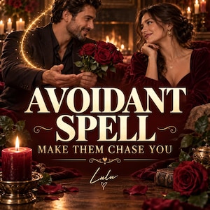 May include: A romantic scene featuring a man in a dark suit holding red roses towards a woman in a velvet dress. The text reads AVOIDANT SPELL, MAKE THEM CHASE YOU, and Lulu. A red candle in a gold holder sits in the foreground with scattered rose petals.