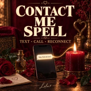 May include: A smartphone displaying a text message saying Hey, how are you? next to a lit red candle, a small glass perfume bottle, and red rose petals. The text CONTACT ME SPELL TEXT CALL RECONNECT is visible at the top.