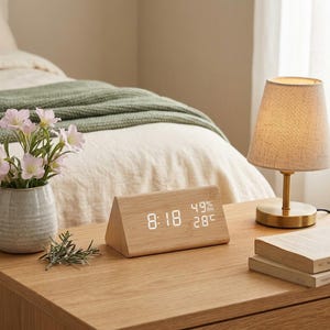 May include: A triangular wooden digital clock with a light wood grain finish. The clock features a bright white LED display showing the time as 8:18, a humidity level of 49% RH, and a temperature reading of 28 degrees Celsius on its front face.