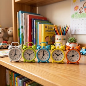 May include: Five small analog alarm clocks in white, lime green, blue, yellow, and orange, each featuring a round white face with black numerals, two bells on top, and a metal handle. The clocks are arranged in a row on a wooden surface.