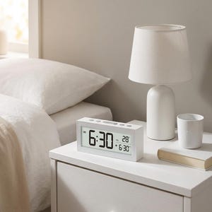 May include: A rectangular white digital alarm clock with a clear LCD screen displaying the time 6:30 AM, the date 28, and an alarm setting of 6:30. The clock features a sleek, minimalist plastic casing with control buttons on the top edge.
