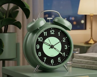 May include: A sage green twin-bell alarm clock with a black face, featuring a central pale green circle, white Arabic numerals, and thin black hands. The word QUARTZ is printed in small white letters at the bottom of the clock face.