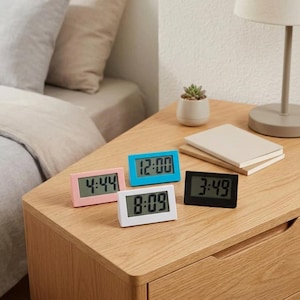 May include: A collection of four rectangular digital clocks in pink, blue, white, and black. Each clock features a clear LCD screen displaying black numerical time digits. The clocks are arranged in a cluster, each with a simple, solid-colored frame.