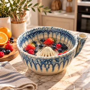 May include: A ceramic citrus juicer bowl featuring a blue and white drip glaze pattern. The bowl has a central reamer cone and a side pouring spout. It is filled with water, fresh strawberries, raspberries, and blueberries, showcasing a functional kitchen tool design.