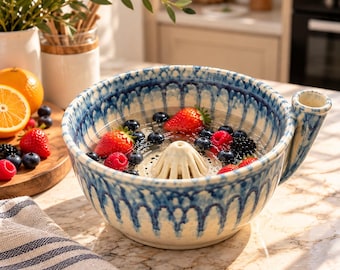 May include: A ceramic citrus juicer bowl featuring a blue and white drip glaze pattern. The bowl has a central reamer cone and a side pouring spout. It is filled with water, fresh strawberries, raspberries, and blueberries, showcasing a functional kitchen tool design.