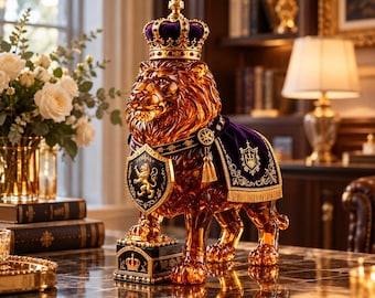 Puede incluir: Una figura de león de cristal color ámbar que lleva una capa de terciopelo morado con bordados dorados y una corona a juego. El león se apoya sobre una base rectangular negra con un emblema de corona dorada y sostiene un escudo.