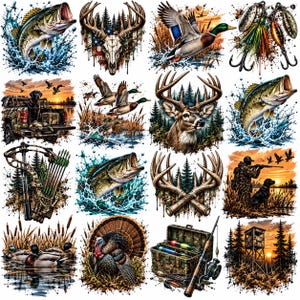 May include: A collection of sixteen outdoor-themed graphic illustrations featuring wildlife such as bass, deer, ducks, and turkeys, alongside hunting and fishing gear like compound bows, fishing lures, tackle boxes, and trucks in a watercolor style.