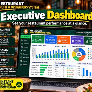 May include: A digital restaurant executive dashboard displayed on a laptop screen, featuring data visualisations including bar charts, a pie chart, and financial metrics for total sales, food costs, labour costs, and net profit for restaurant management.