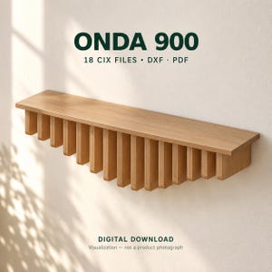 May include: A wall-mounted wooden shelf featuring a flat top surface and a series of vertical slats underneath that create a curved, wave-like profile. The text ONDA 900, 18 CIX FILES, DXF, PDF, and DIGITAL DOWNLOAD Visualization - not a product photograph appear.