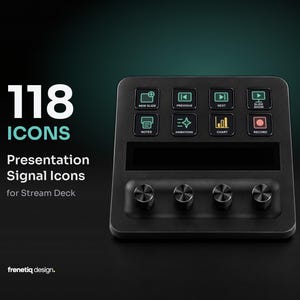 Könnte beinhalten: Ein schwarzer Stream Deck Controller mit acht quadratischen Tasten und beleuchteten Symbolen für Präsentationssteuerungen, darunter New Slide, Previous, Next, Slide Show, Notes, Animations, Chart und Record, sowie vier runde Drehregler.
