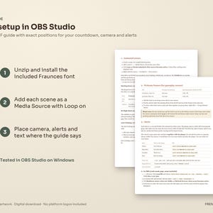Setup guide for OBS Studio included with the Cottagecore stream package: a PDF with exact positions, and three steps to install the font, add the looping scenes and place camera and alerts.