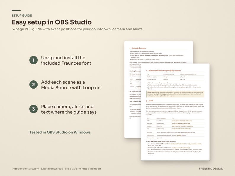 Setup guide for OBS Studio included with the Cottagecore stream package: a PDF with exact positions, and three steps to install the font, add the looping scenes and place camera and alerts.