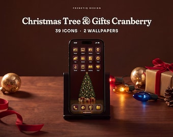 Christmas Cranberry Red Tree Phone Wallpaper & App Icons, 39 Icons 2 Wallpapers iPhone Android