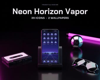 Synthwave Cyan Violet Vapor Phone Wallpaper & App Icons, 39 Icons 2 Wallpapers iPhone Android