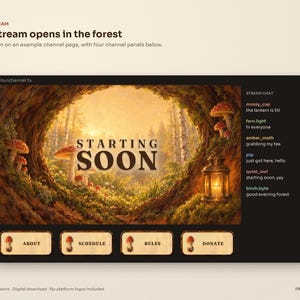 Mushroom Forest stream overlay in a live stream: Starting Soon scene with a glowing lantern and fly agaric mushrooms in a hollow tree, stream chat and four wooden channel panels below. Example channel page.