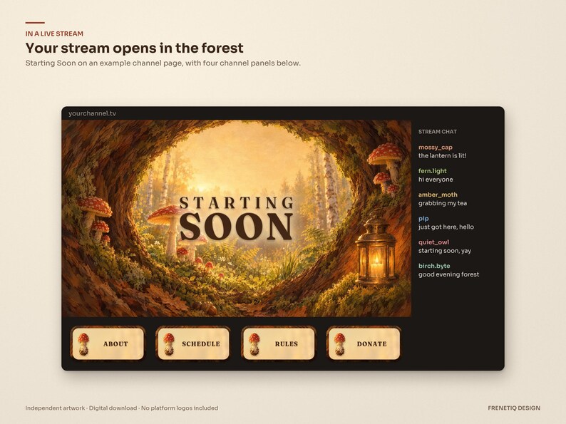 Mushroom Forest stream overlay in a live stream: Starting Soon scene with a glowing lantern and fly agaric mushrooms in a hollow tree, stream chat and four wooden channel panels below. Example channel page.