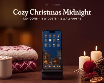 Cozy Christmas Midnight Blue Phone Wallpaper & App Icons, 120 Icons 2 Wallpapers iPhone Android
