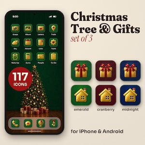 May include: A digital set of 117 app icons titled Christmas Tree & Gifts set of 3 for iPhone & Android. The display shows a smartphone with a green background, a decorated Christmas tree, and gold icons. Additional icons are shown in emerald, cranberry, and midnight colors.